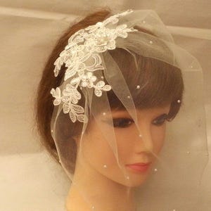Bridal hairpiece White Ivory #Birdcage veil Wedding Vintage inspired bridal accessory 2pc Busher veil & Fascinator Crystal Pearl Tulle Veil