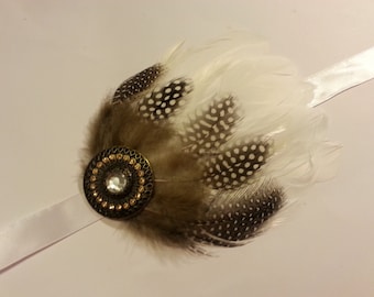 Feather Flapper Headband, Antique Jewel, 1920s Gatsby Hair Accessory