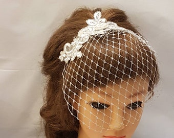 Silver Birdcage Veil: Lace Fascinator Headband with Crystal Pearl Jewel