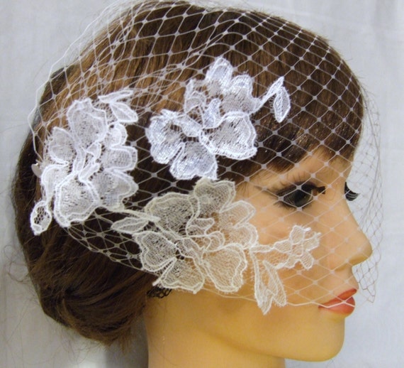 Floral Lace Birdcage Veil: French Net Bridal Hair Accessory  display picture 1