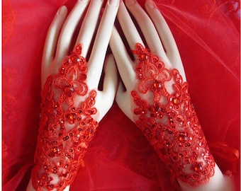 Red Lace Fingerless Gloves: Bridal Sequined Diamonte, 1920s Gatsby