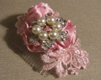 Wedding bridal fascinator Hair comb,Bridal hairpiece,Pink Embroidery,bridal hair accessory,vintage inspired, Rhinestone pearl embellishment