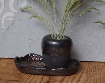 Black ceramic VASE with dish / Tiny Vase / Small Vase