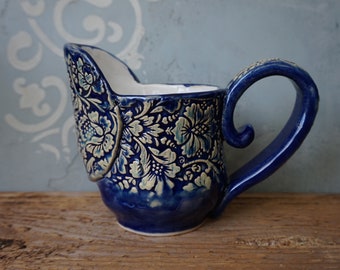 Blue Pitcher / Damask print Creamer / Vintage Vase