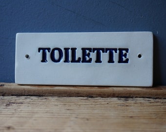 TOILETTE Sign / WC sign / Ceramic Sign / Bathroom sign / Door plaque / Cobalt Blue