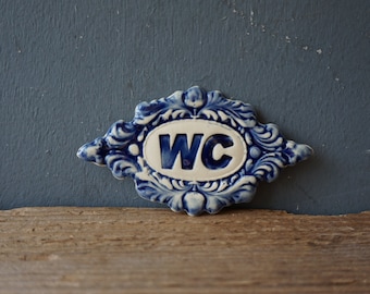 WC sign / Ceramic Sign / Bathroom sign / Door plaque / Cobalt Blue