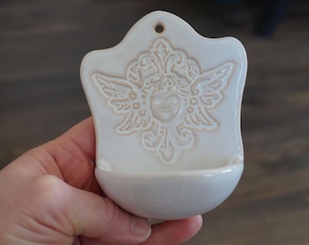 White Ceramic Holy Water Font with Angel