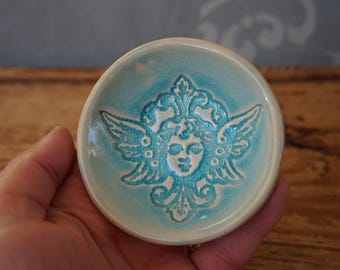 Turquoise Ceramic Ring Dish with Angel