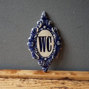 Letrero de WC / Letrero de cerámica / Letrero de baño / Placa de puerta / Azul cobalto