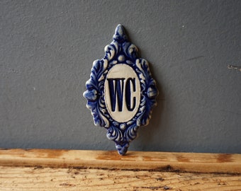 WC sign / Ceramic Sign / Bathroom sign / Door plaque / Cobalt Blue