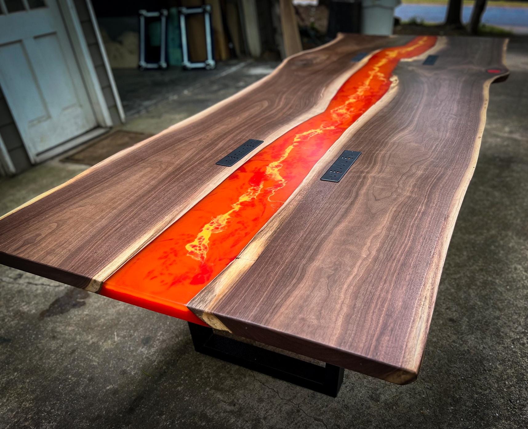 Volcanic Lava Epoxy Gaming Table | Live Edge Walnut, Built-in