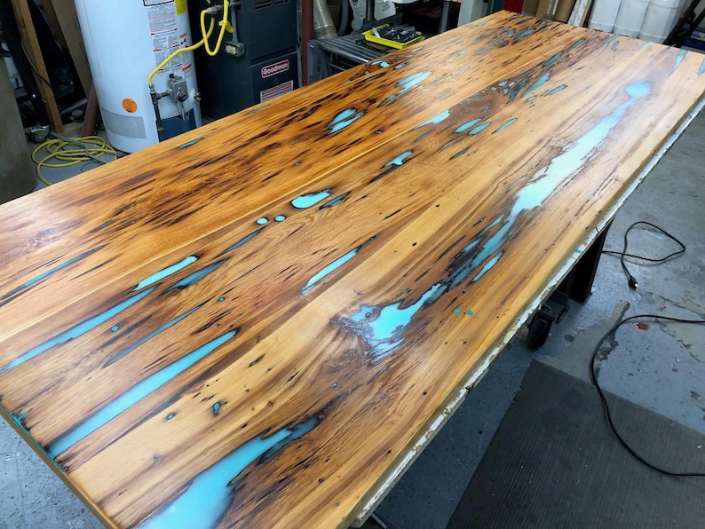 Glow in the Dark Epoxy Resin Pecky Cypress Table Handcrafted Luminous River Table for Unique Home Decor and Ambient Lighting image 4