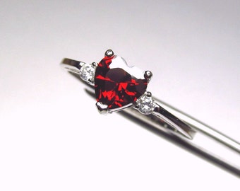 CLEARANCE  Garnet Red CZ Heart in an Accented Sterling Silver Ring