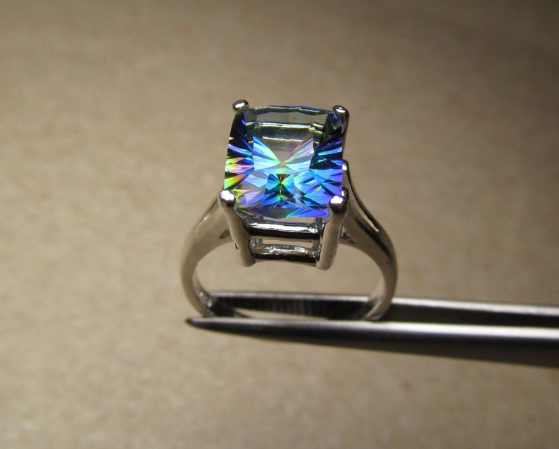 Bague rectangulaire en argent sterling avec quartz bleu magique envoûtant de taille concave image 5