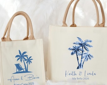 Personalized Palm Tree Beach Wedding Tote Bag, Destination Welcome Gift