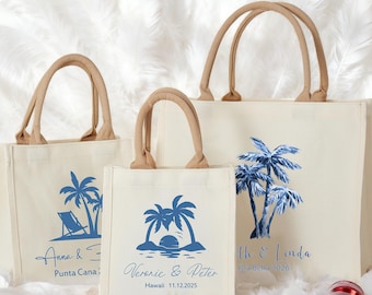 Personalized Palm Tree Beach Wedding Tote Bag, Destination Welcome Gift