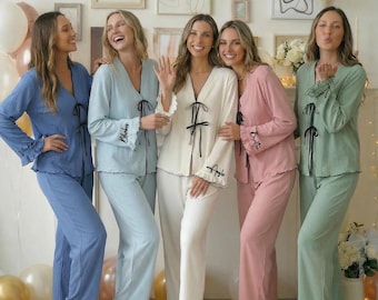 Embroidered Bridesmaid Pajama Set – Long Pant Long Sleeve, Bridal Party Gift