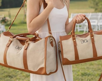Bridesmaid Weekender Bag, Personalized Canvas Travel Bag with Leather Trim, Custom Initial Overnight Bag Gift
