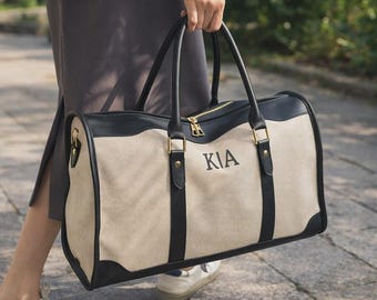 Personalized Canvas Weekender Bag, Vegan Leather Trim, Custom Initial Duffle