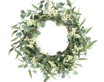 Couronnes d'eucalyptus 20 pouces pour porte d'entrée, couronne verte printemps-été, décoration de fête pour maison, porche, ferme, mur, fenêtre