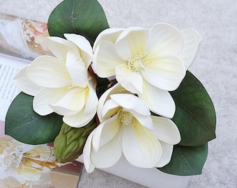1 bouquet de fleurs de magnolia, 3 fleurs, 1 fruit pour une décoration de mariage, fausses fleurs, magnolia artificiel, décoration de magnolia