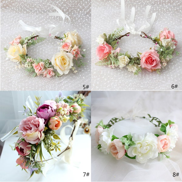 Couronne de la mariée, couronne de demoiselle d'honneur de printemps, couronne de fleurs de mariage, bandeau de fille de fleur, couronne de fleurs bohème, bandeau à fleurs, herbes de la forêt rustiques