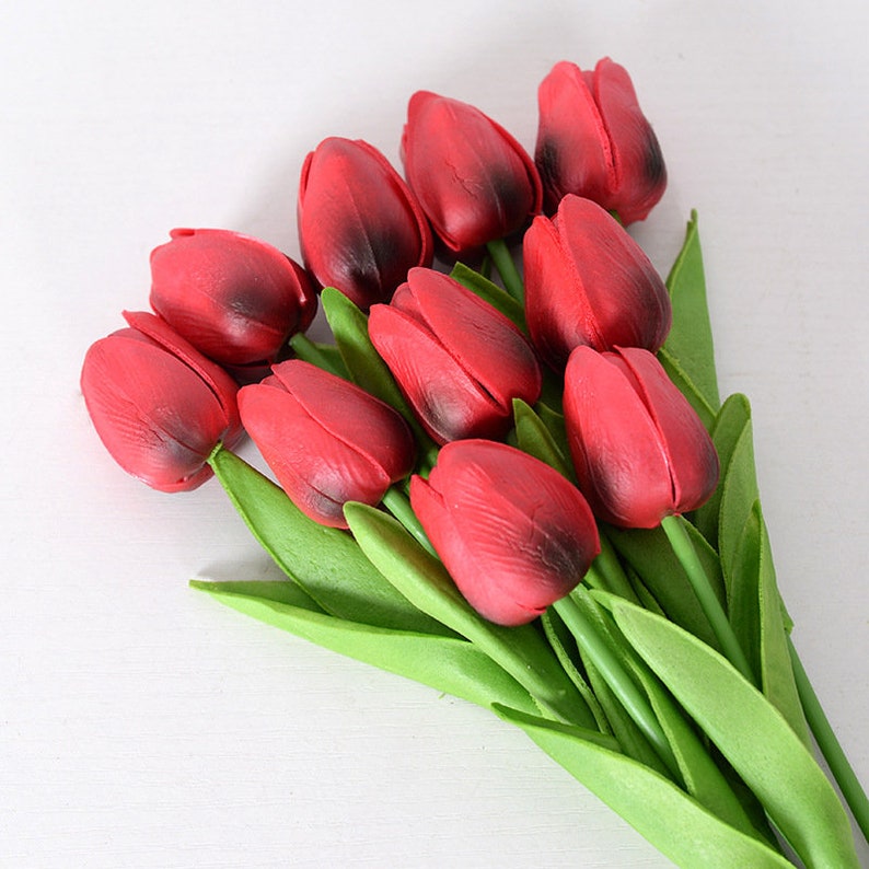 10 tiges de tulipes artificielles, compositions florales, bouquet de mariée, décoration florale, décoration d'intérieur, blanc/rose/jaune/rouge Wine red