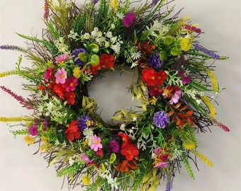 45cm/17.7inch Wildflower Wreath Spring Summer Wreath with Colorful Daisy,Ferns,Leaves Wreath for Front Door,Wall,Windows,Farmhouse HomeDecor