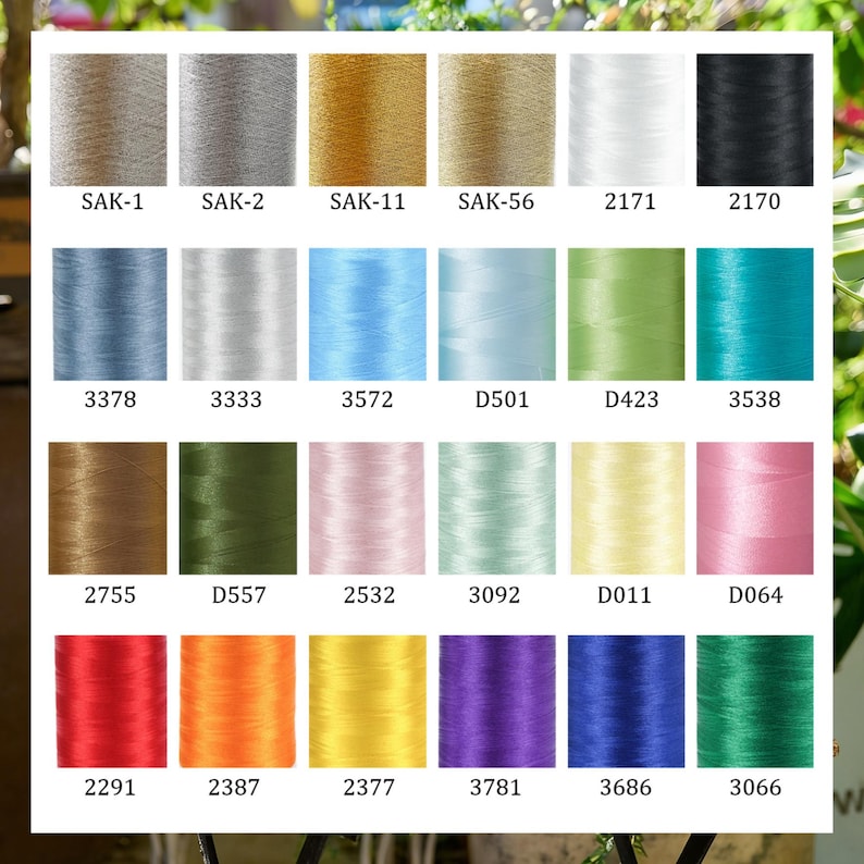 May include: A color chart of embroidery thread spools in various colors. The chart includes shades of beige, gray, gold, white, black, blue, green, pink, yellow, orange, purple, and red. Each spool is labeled with a unique code.