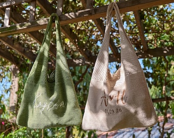 Personalized Knitted Beach Bag with Embroidered Name, Bridesmaid Gifts