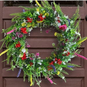 Floral Handmade Wildflower Wreath Front Door Wreath Colorful Wreath Artificial Daisy Green Leaves Flowers Wreath Spring Door Wreaths Wedding 56cm/22'' Wildflower