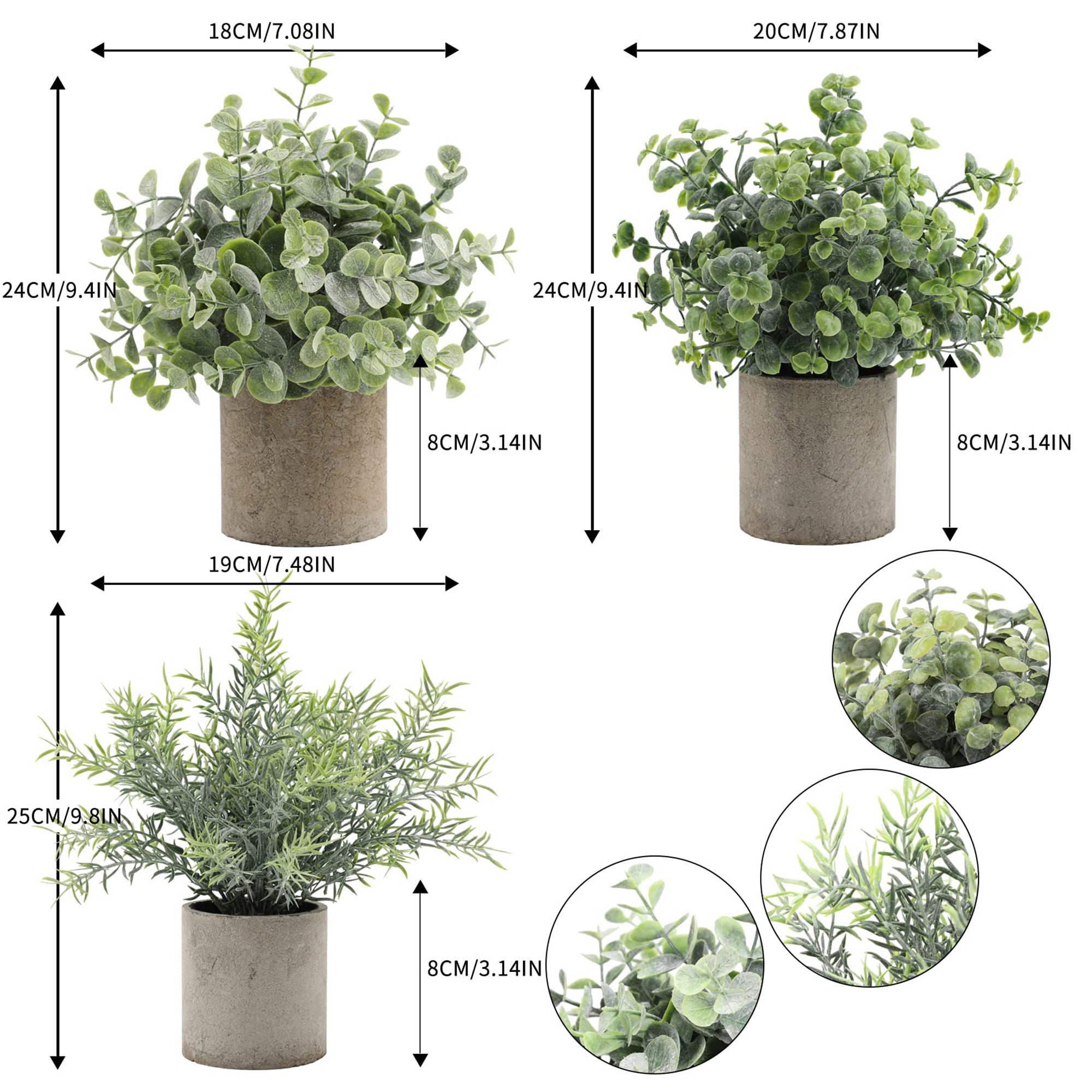 3Pcs Plantes Artificielles Mini en Pots(Eucalyptus, Romarin