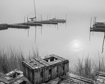 Lobster Traps and Morning Fog: Calm, Monochrome, Wood Traps, Seagrass, Saltwater, Harbor, Reflections