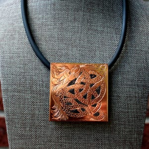 Dragon, The Unique Necklace with a Hand Enengraved Copper Plate 2&quot;x 2&quot;
