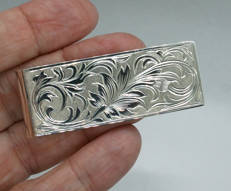 Unisex Hand Engraved Sterling Silver Money Clip or Card Holder or