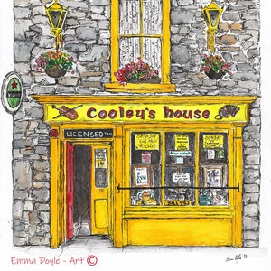 May include: A yellow building with a sign that reads "Cooley's house" and a door that is open. The building has a window with a white curtain and a sign that says "Licensed 7pm".