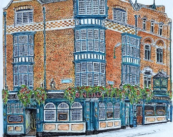 May include: A watercolour painting of a brick building with a blue and white shopfront. The building has a sign that says "O'Neill's" and is decorated with flowers. The building is located on a street corner.