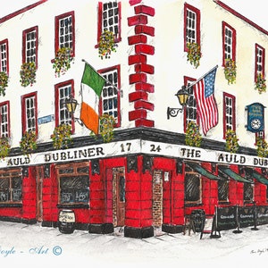 May include: A hand-drawn illustration of a red brick building with a white facade. The building has a sign that reads "The Auld Dubliner" and is decorated with Irish and American flags. The building is located on a corner lot and has a red door.