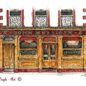 Peut inclure: Une peinture à l'aquarelle d'une façade de pub avec un extérieur en brique rouge et une porte en bois jaune. Le pub s'appelle "John Mulligan's" et affiche des enseignes pour la Guinness, le whisky et le cidre.