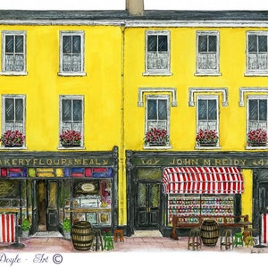 May include: Watercolor painting of two buildings with yellow facades. The left building is a bakery, and the right building is a shop. Both have multiple windows with flower boxes. The bakery has the text "BAKERY FLOUR & MEAL". The shop has a red and white striped awning.