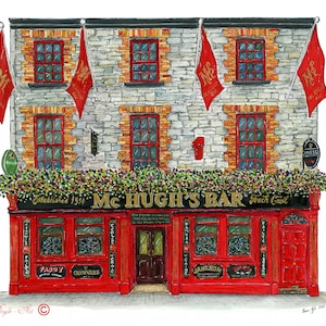 May include: A watercolour painting of a red brick building with a sign that reads "McHugh's Bar Established 1914 Trach Cavil". The building has red doors and windows, and there are red flags hanging from the building.