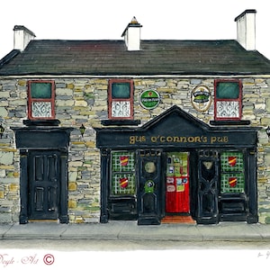 May include: A watercolor painting of a stone building with a black door and windows. The building has a sign that reads "Gus O'Connor's Pub".
