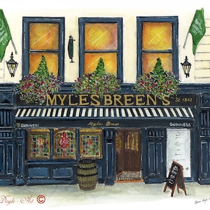 May include: A watercolor painting of a pub called "Myles Breen's" established in 1802. The pub has a black and white striped awning, two windows with stained glass, and a wooden barrel in front.