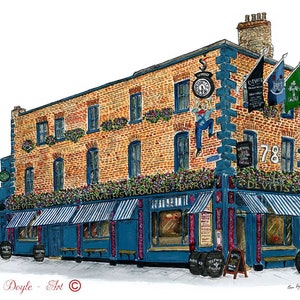 Può includere: Un dipinto ad acquerello di un edificio in mattoni con un tendone blu e le parole "Devitt's" e "78" sul lato. L'edificio ha un orologio sul lato e un cartello che dice "Orange Bar & T.V."