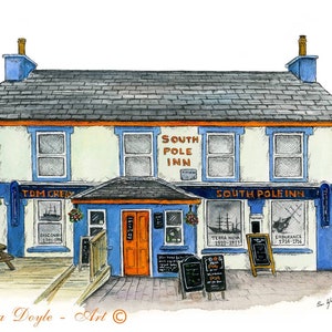 May include: Watercolor painting of a white building with blue trim and a sign that reads "South Pole Inn". The building has two windows on each side and a door in the center. There are two signs on the ground in front of the building, one that reads "Terra Nova 1910-1913" and the other that reads "Endurance 1914-1916".