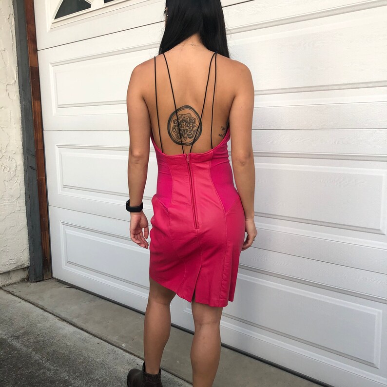 Vintage Unique Hot Pink Strappy Genuine Leather Dress Size XS