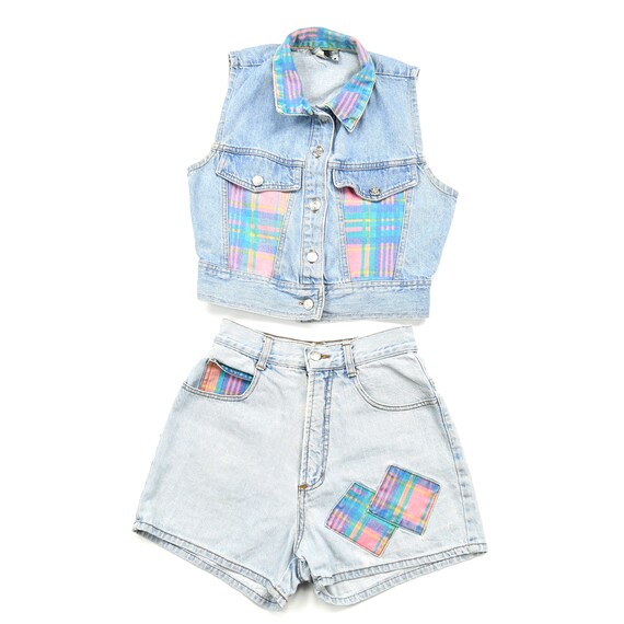 Vintage Retro Plaid Denim Vest and Shorts Set XS/2