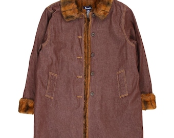 Vintage 90s Brown Faux Fur Lined Denim Coat