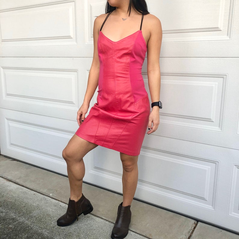 Vintage Unique Hot Pink Strappy Genuine Leather Dress Size XS