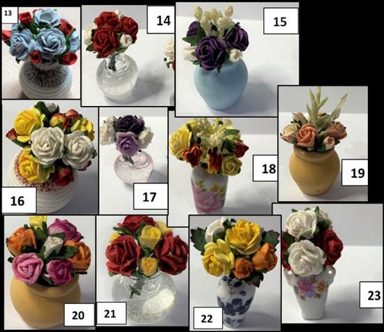 Miniatura per casa delle bambole ~ Centrotavola con composizione floreale primaverile con arance e viola - Italia